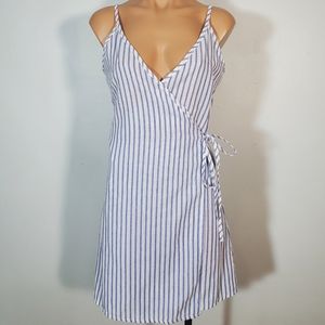 White & Blue Vertial Striped Wrap Dress